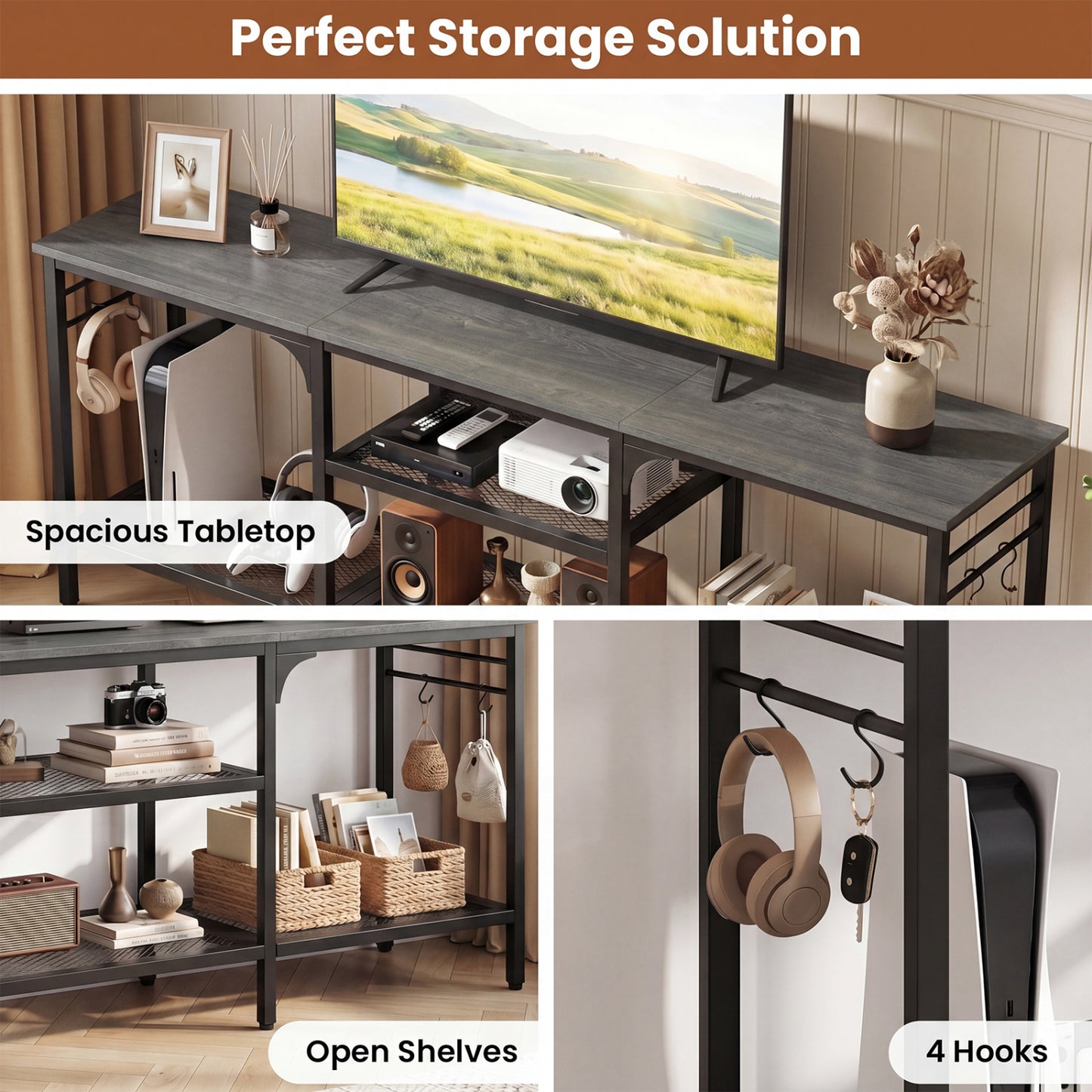 TV Stand for TVs up to 65 Inch with 3-Tier Open Shelves and 4 Hooks-Oak & Black, Oak Entertainment Centers & TV Stands at Gallery Canada