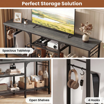 TV Stand for TVs up to 65 Inch with 3-Tier Open Shelves and 4 Hooks-Oak & Black, Oak Entertainment Centers & TV Stands at Gallery Canada