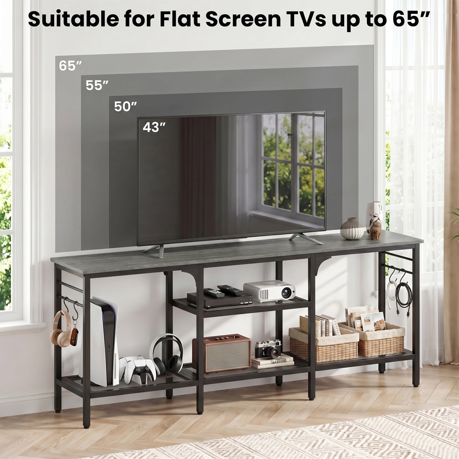 TV Stand for TVs up to 65 Inch with 3-Tier Open Shelves and 4 Hooks-Oak & Black, Oak Entertainment Centers & TV Stands at Gallery Canada