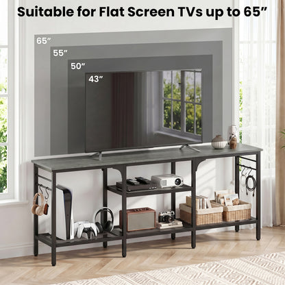 TV Stand for TVs up to 65 Inch with 3-Tier Open Shelves and 4 Hooks-Oak & Black, Oak Entertainment Centers & TV Stands at Gallery Canada