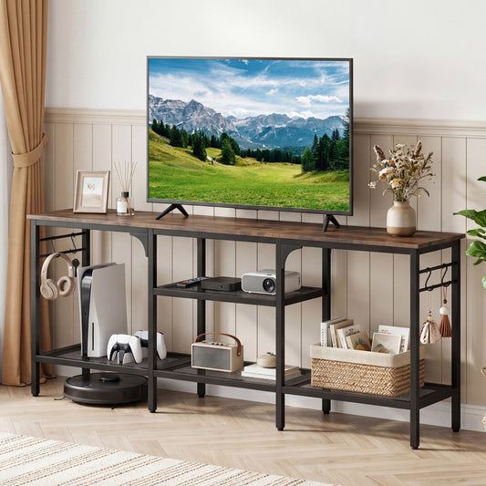TV Stand for TVs up to 65 Inch with 3-Tier Open Shelves and 4 Hooks, Rustic Brown Entertainment Centers & TV Stands Rustic Brown at Gallery Canada