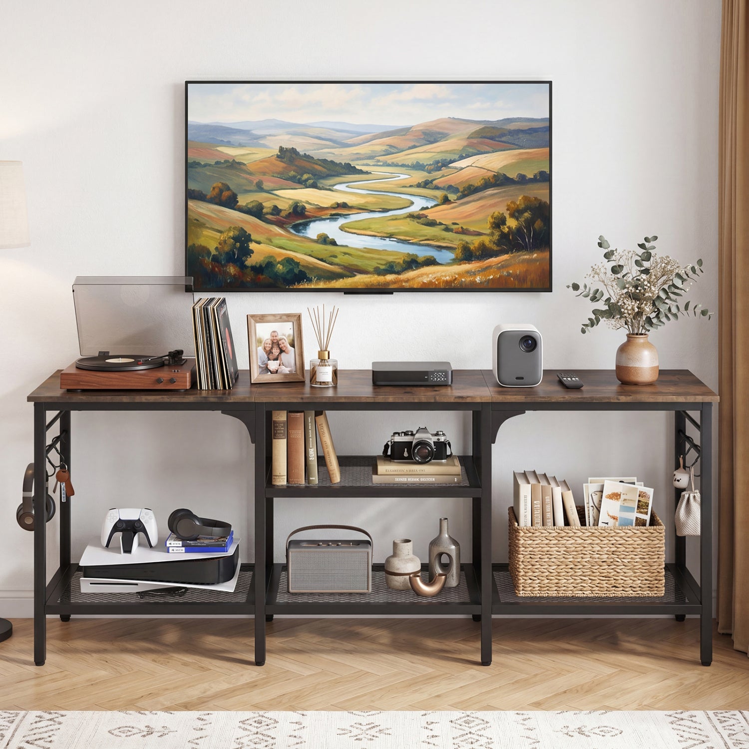 TV Stand for TVs up to 65 Inch with 3-Tier Open Shelves and 4 Hooks, Rustic Brown Entertainment Centers & TV Stands at Gallery Canada