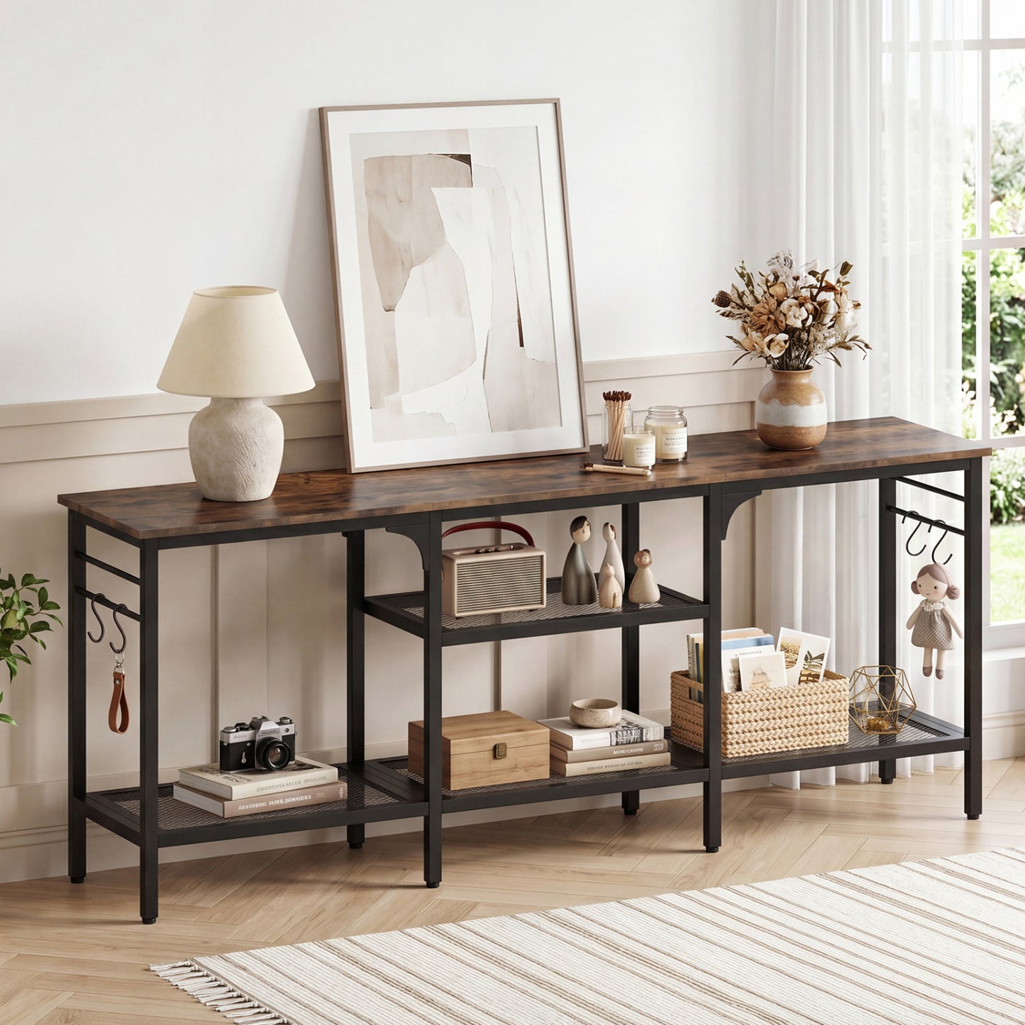 TV Stand for TVs up to 65 Inch with 3-Tier Open Shelves and 4 Hooks, Rustic Brown Entertainment Centers & TV Stands at Gallery Canada