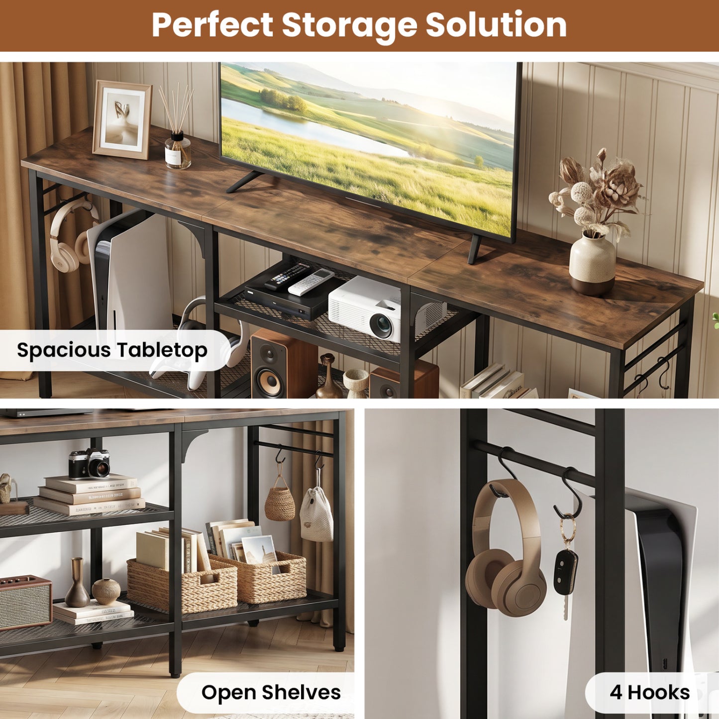 TV Stand for TVs up to 65 Inch with 3-Tier Open Shelves and 4 Hooks, Rustic Brown Entertainment Centers & TV Stands at Gallery Canada
