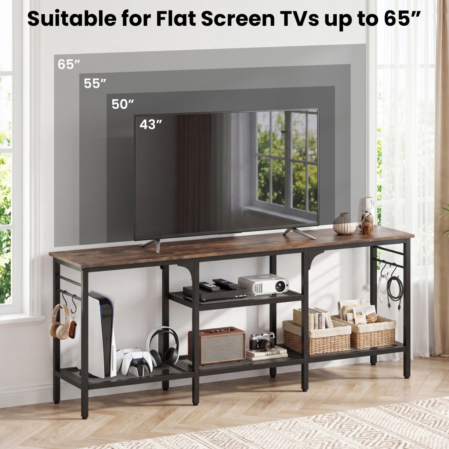 TV Stand for TVs up to 65 Inch with 3-Tier Open Shelves and 4 Hooks, Rustic Brown Entertainment Centers & TV Stands at Gallery Canada