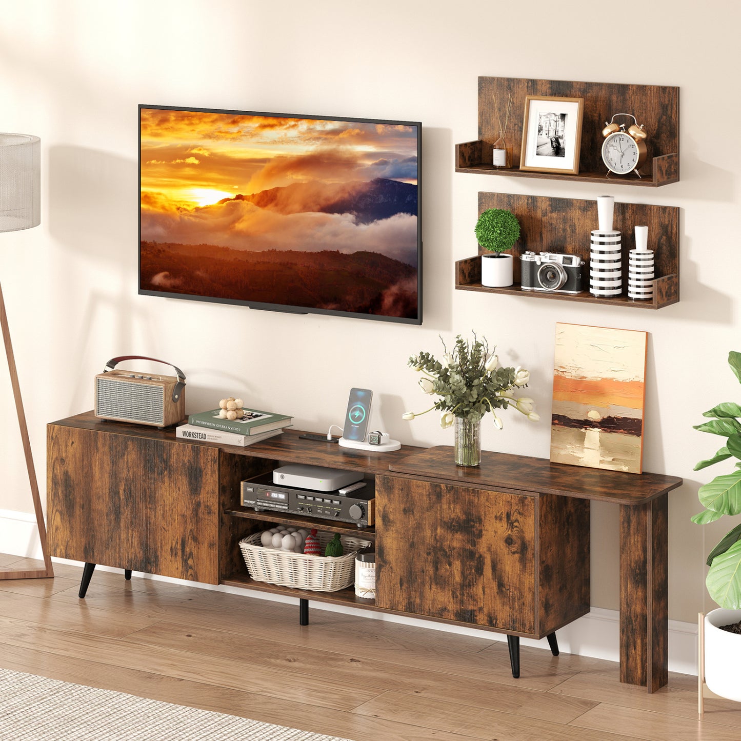 TV Stand for 85 Inch TV, 2 Wall Shelves, Brown