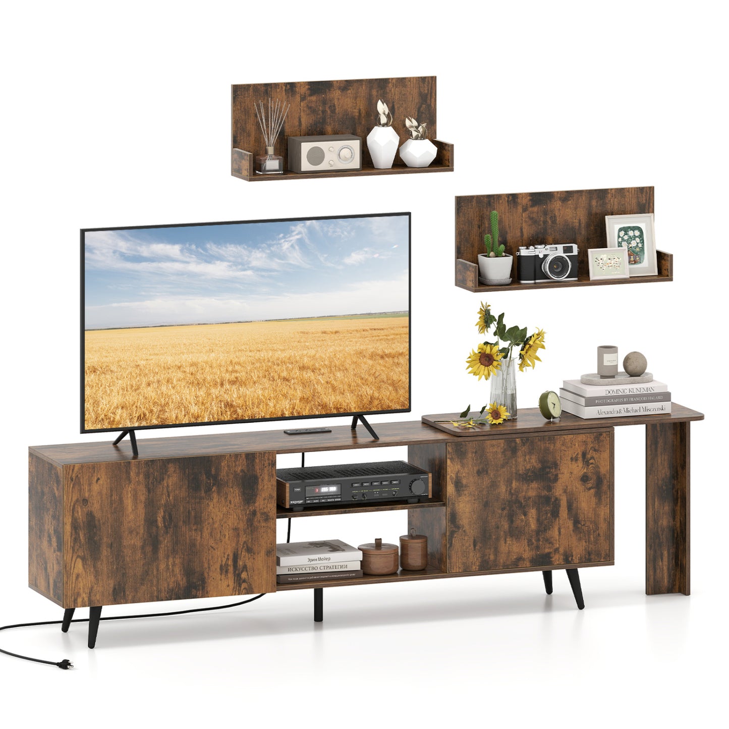 TV Stand for 85 Inch TV, 2 Wall Shelves, Brown