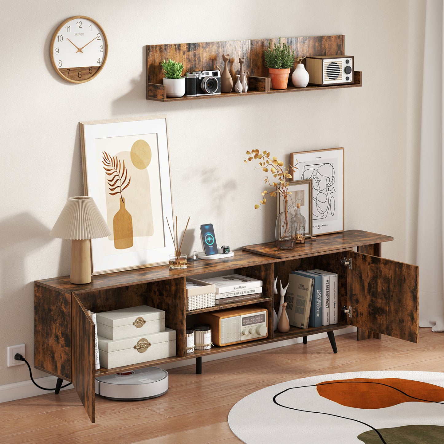 TV Stand for 85 Inch TV, 2 Wall Shelves, Brown