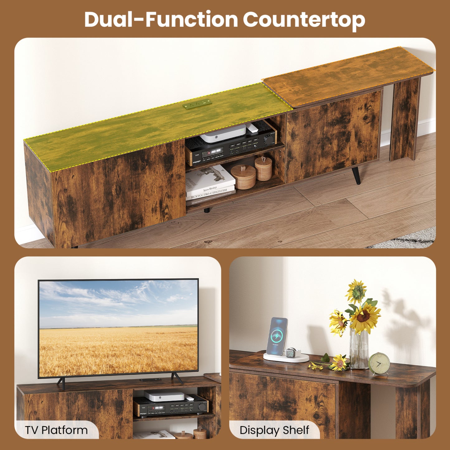 TV Stand for 85 Inch TV, 2 Wall Shelves, Brown