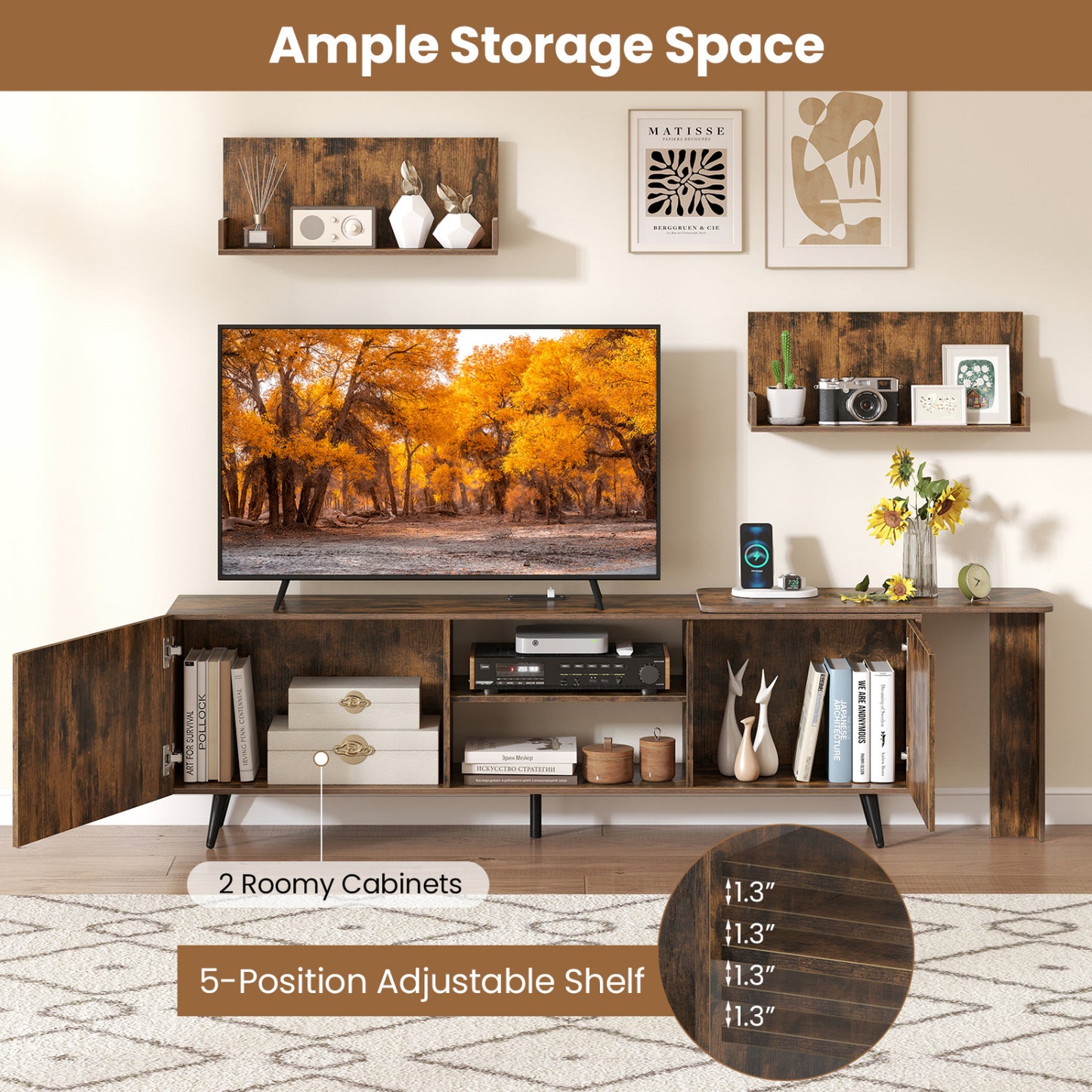 TV Stand for 85 Inch TV, 2 Wall Shelves, Brown