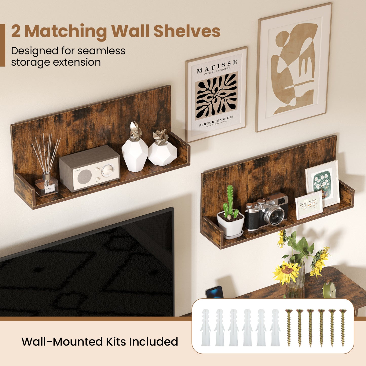 TV Stand for 85 Inch TV, 2 Wall Shelves, Brown