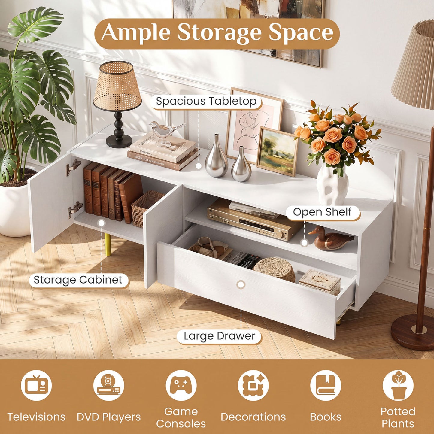 TV Stand for TVs up To 70" with Storage, White