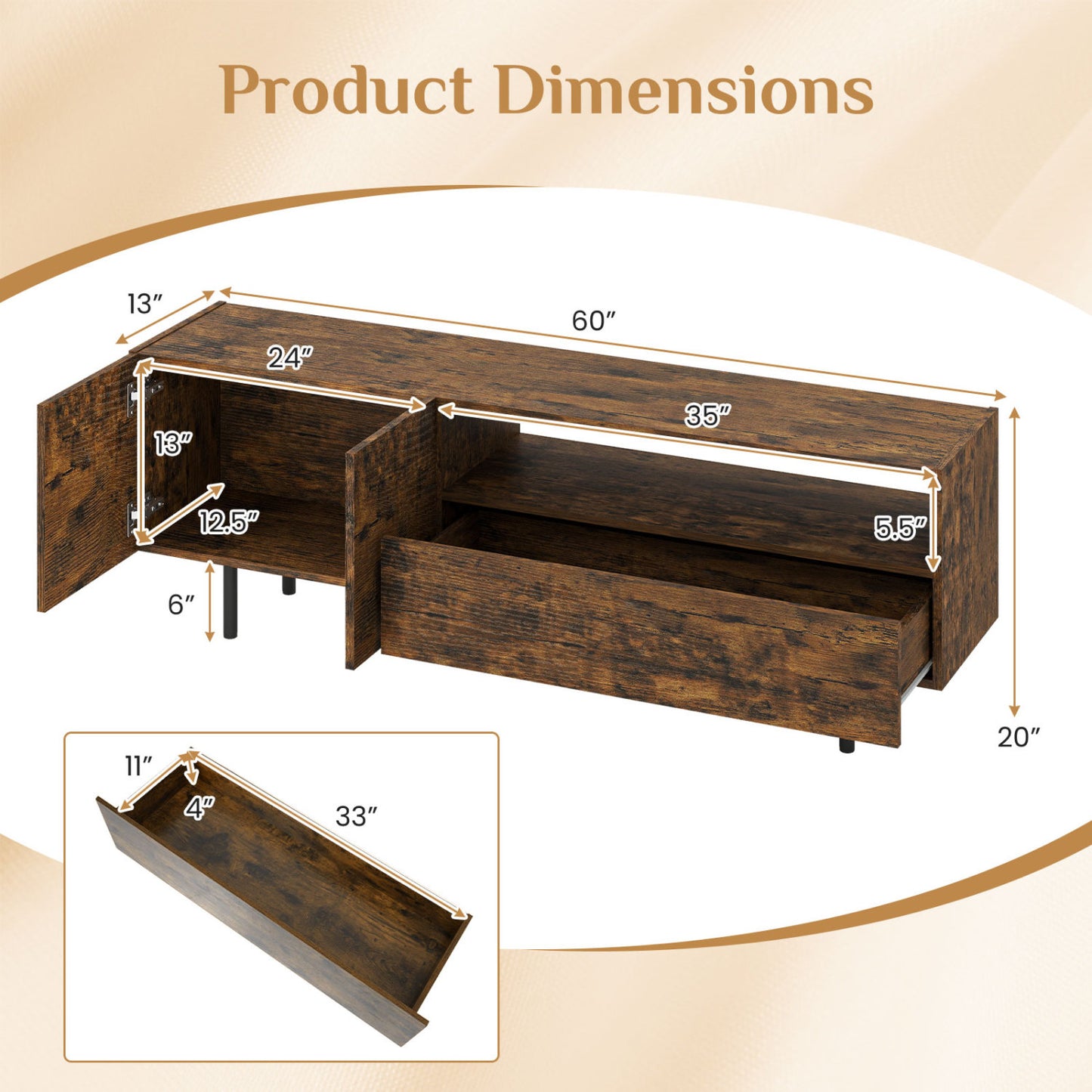 TV Stand for TVs up to 70", Storage Cabinet, Rustic Brown