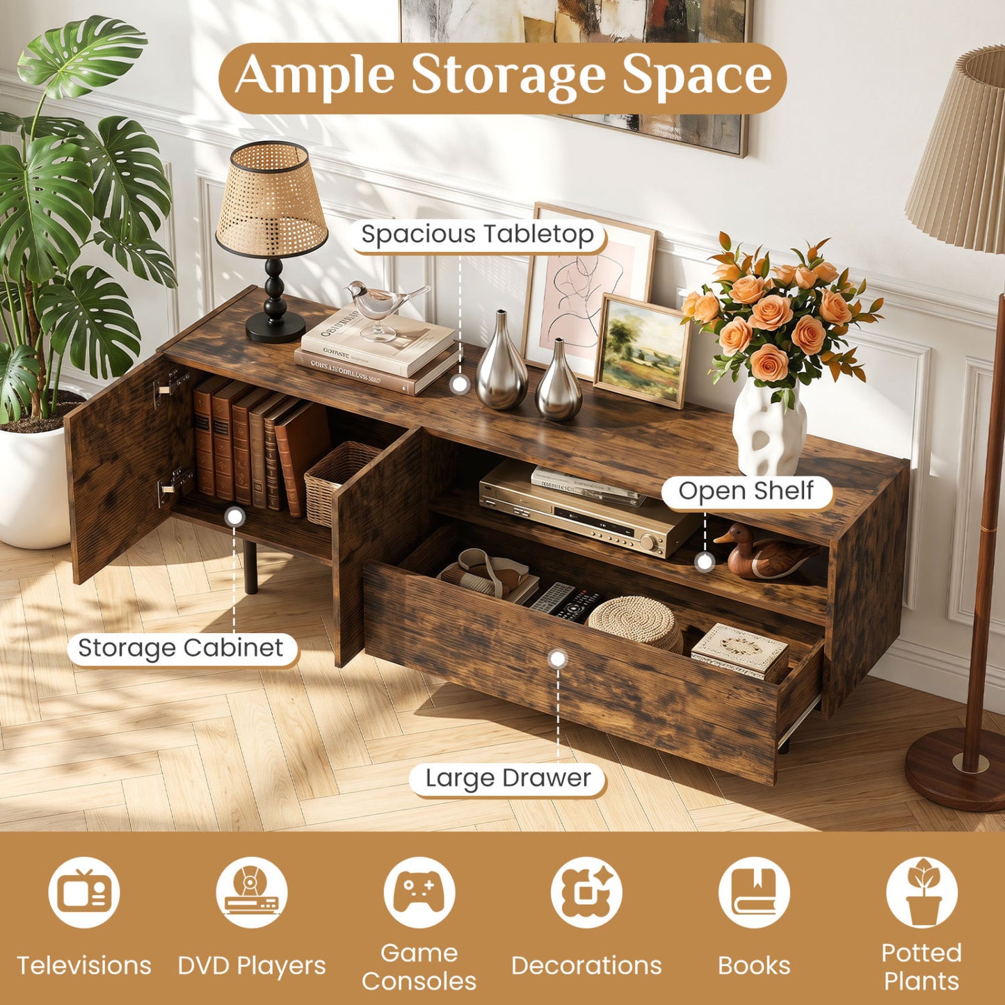 TV Stand for TVs up to 70", Storage Cabinet, Rustic Brown
