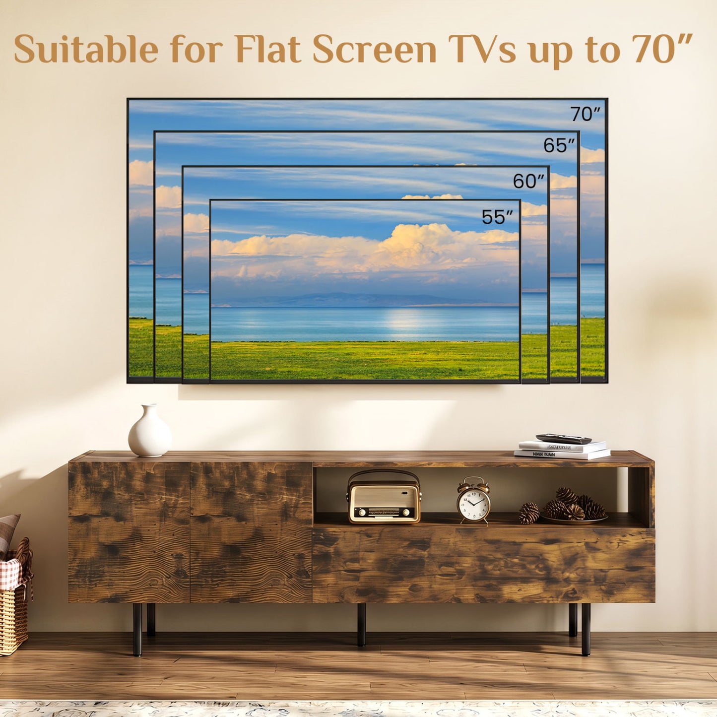 TV Stand for TVs up to 70", Storage Cabinet, Rustic Brown