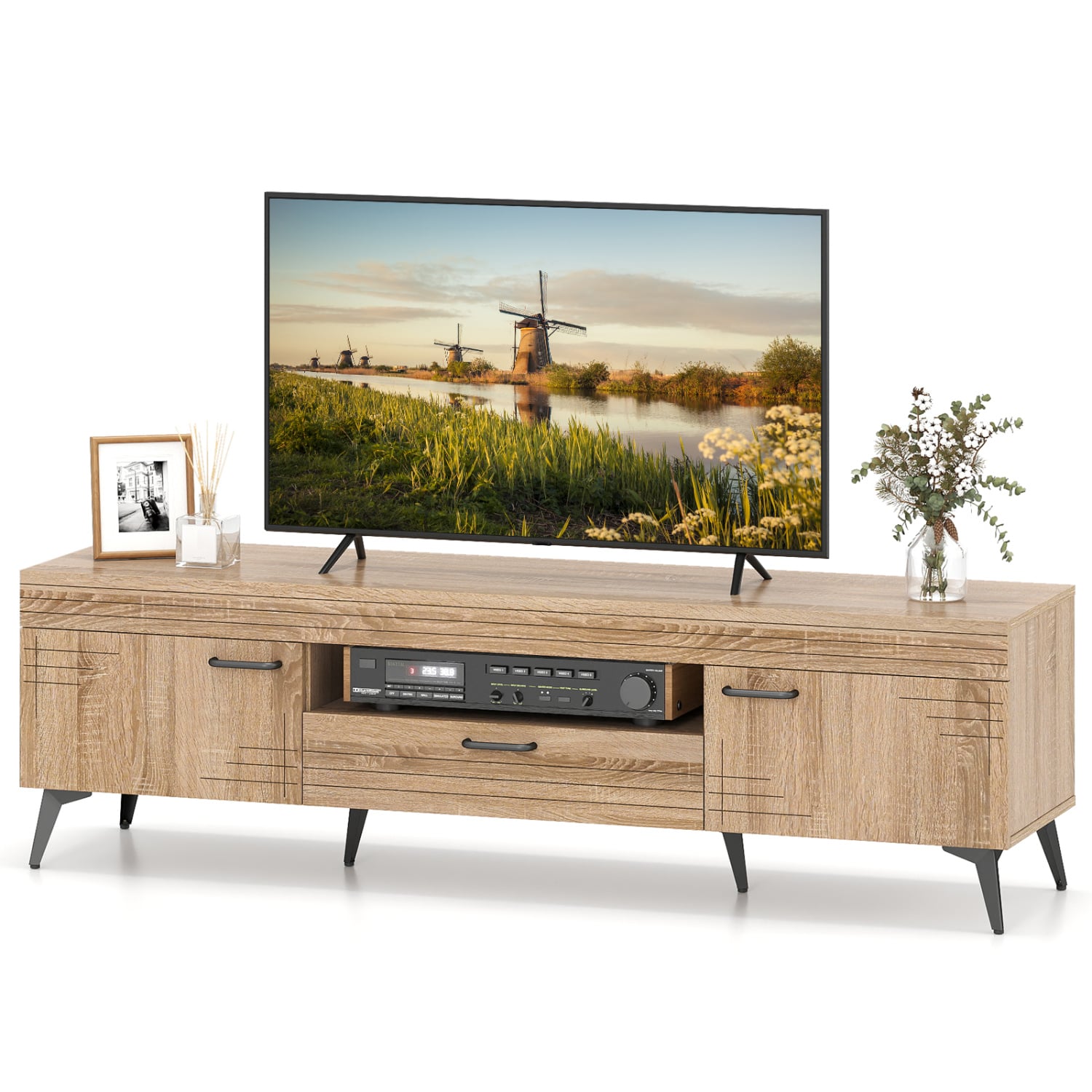 TV Stand With 2 Cabinets, Storage Drawer, 65 Inches, Oak Entertainment Centers & TV Stands at Gallery Canada