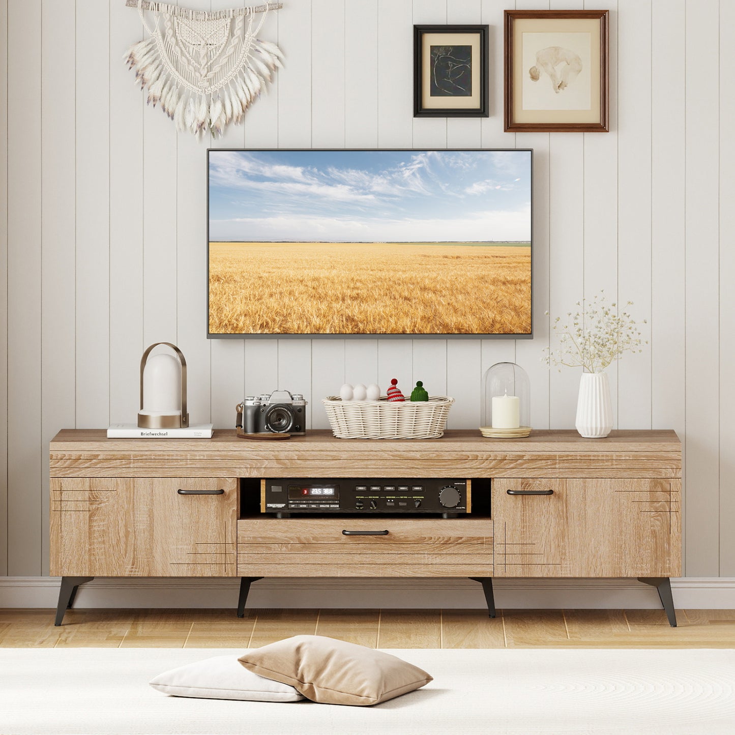 TV Stand With 2 Cabinets, Storage Drawer, 65 Inches, Oak Entertainment Centers & TV Stands at Gallery Canada