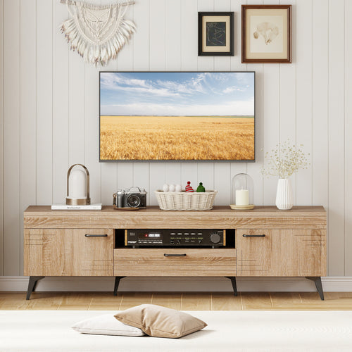 TV Stand With 2 Cabinets, Storage Drawer, 65 Inches, Oak