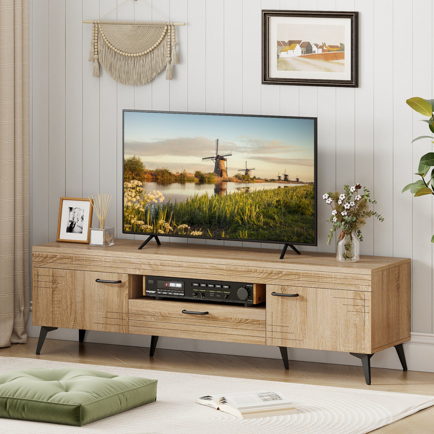 TV Stand With 2 Cabinets, Storage Drawer, 65 Inches, Oak Entertainment Centers & TV Stands at Gallery Canada