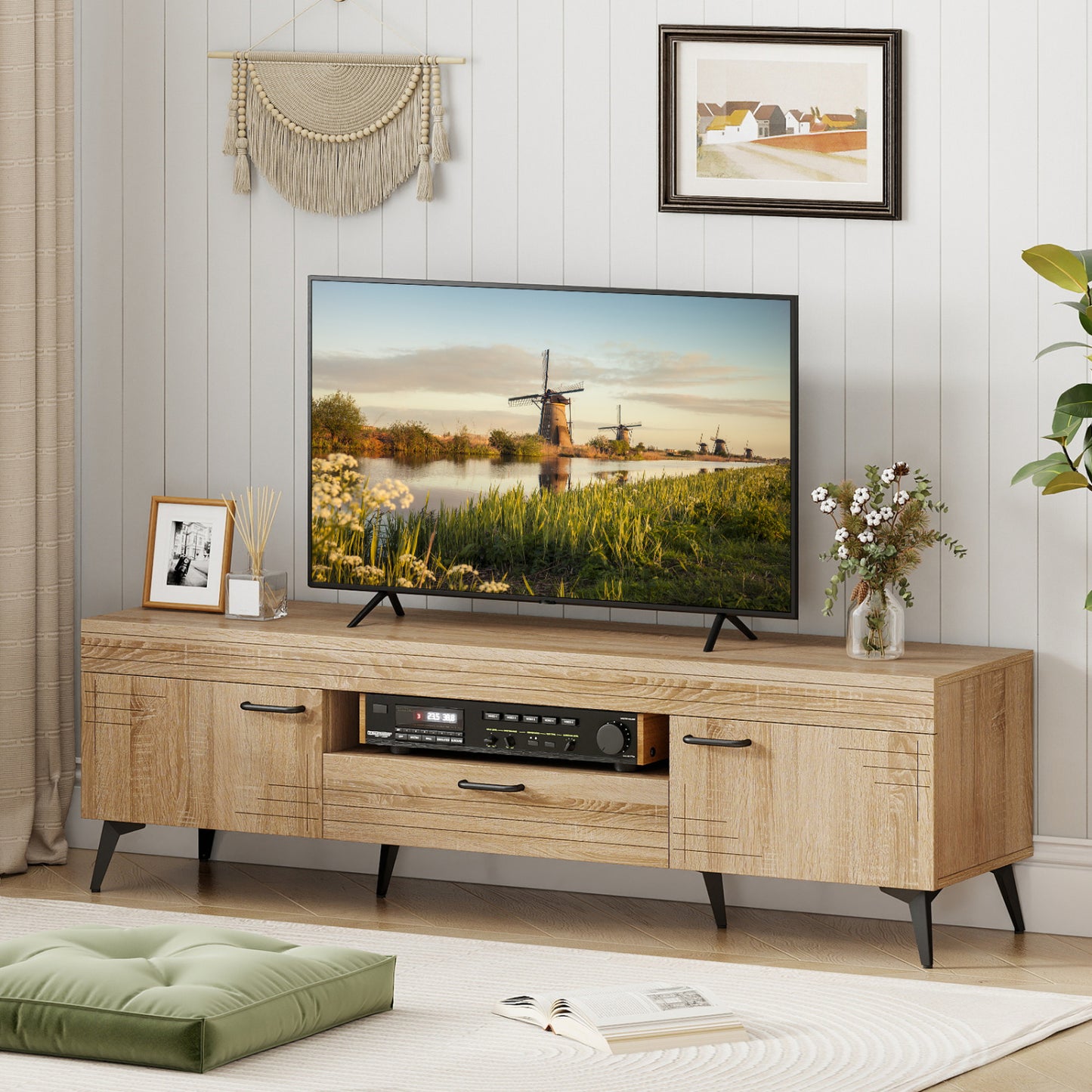 TV Stand With 2 Cabinets, Storage Drawer, 65 Inches, Oak Entertainment Centers & TV Stands at Gallery Canada