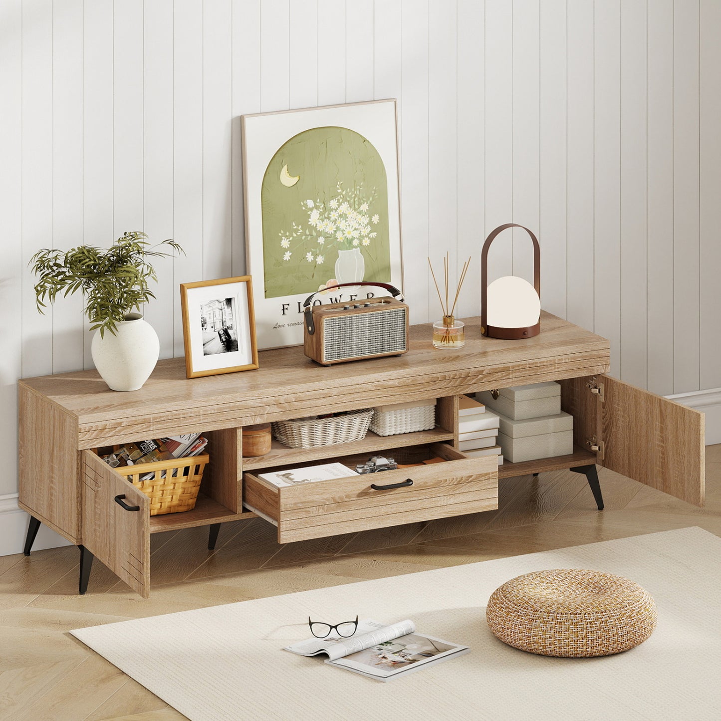 TV Stand With 2 Cabinets, Storage Drawer, 65 Inches, Oak Entertainment Centers & TV Stands at Gallery Canada