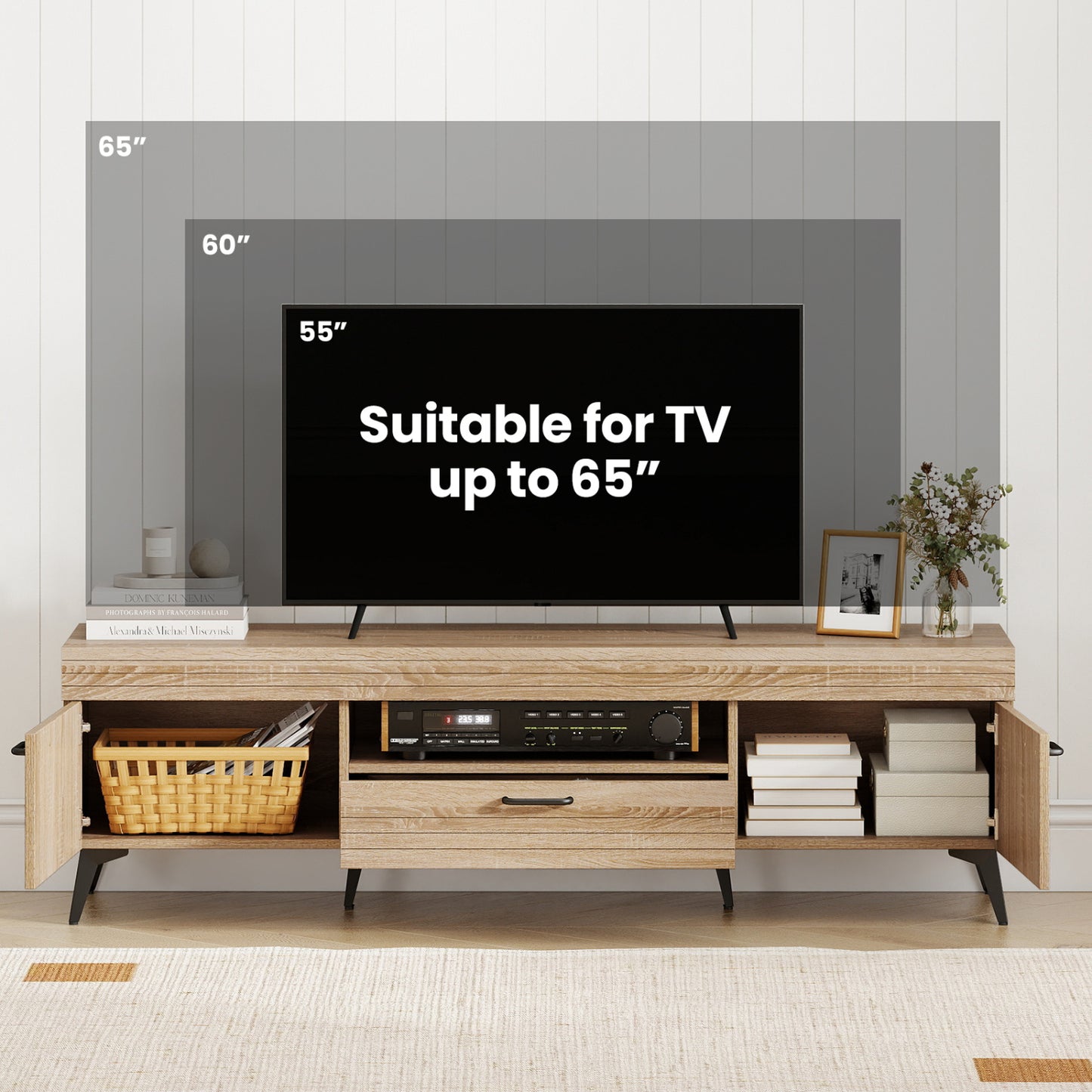 TV Stand With 2 Cabinets, Storage Drawer, 65 Inches, Oak Entertainment Centers & TV Stands at Gallery Canada