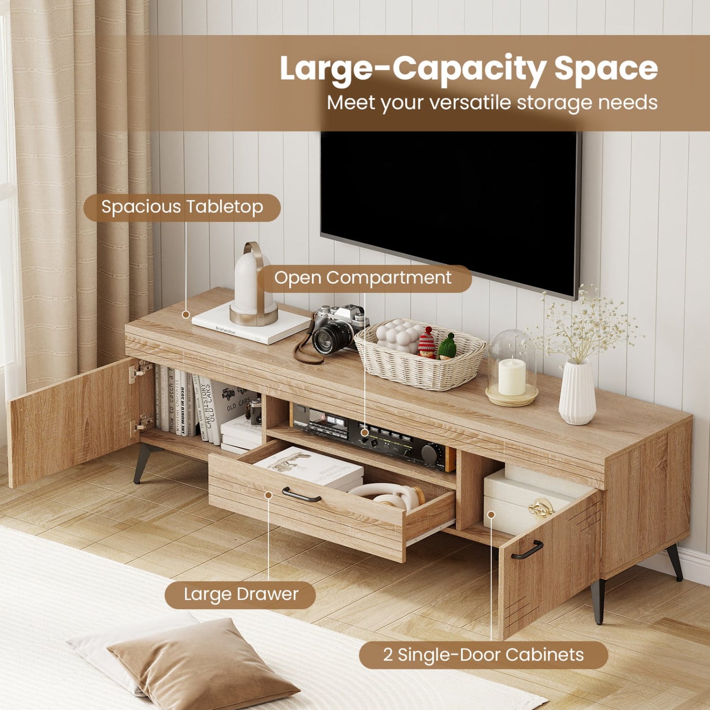 TV Stand With 2 Cabinets, Storage Drawer, 65 Inches, Oak Entertainment Centers & TV Stands at Gallery Canada