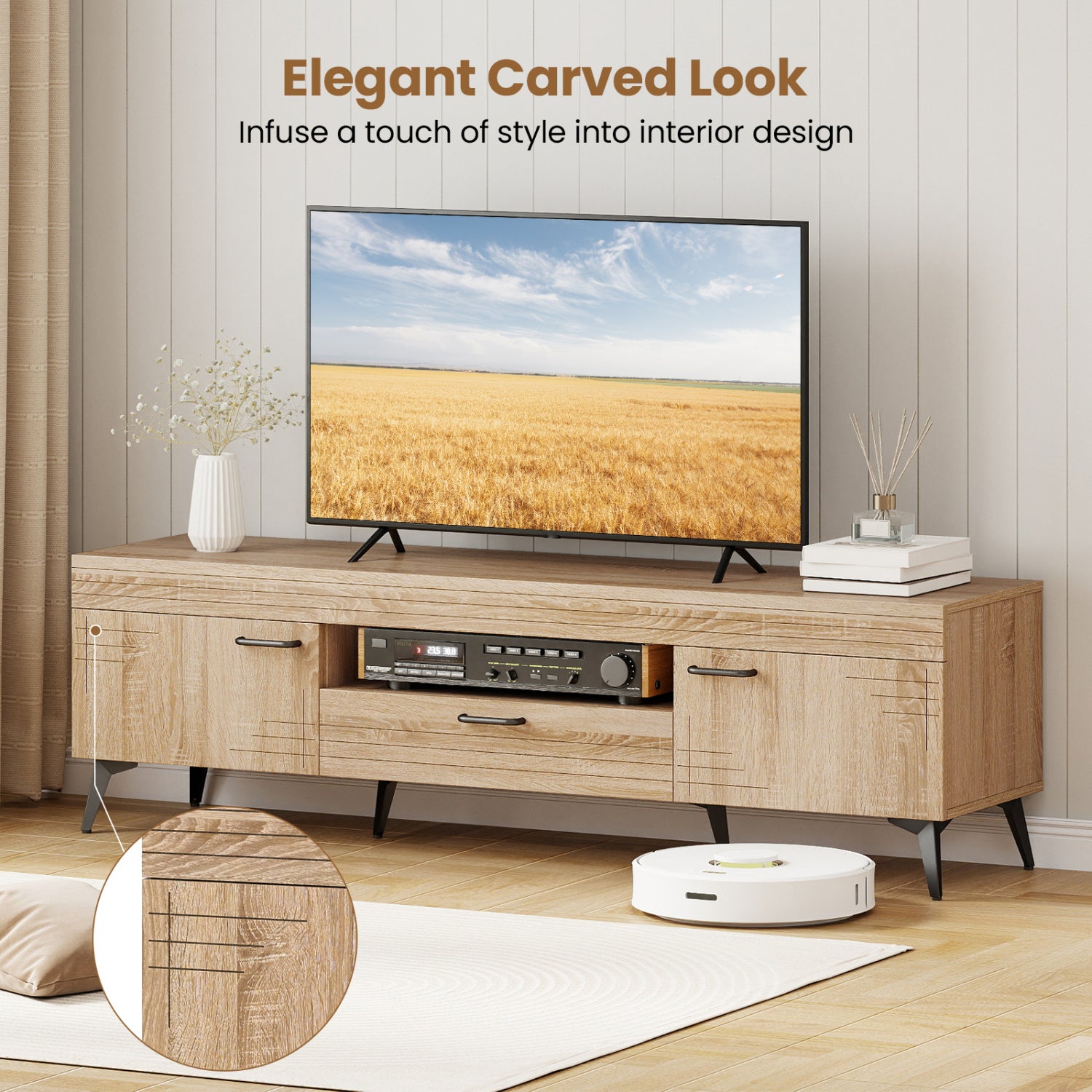 TV Stand With 2 Cabinets, Storage Drawer, 65 Inches, Oak Entertainment Centers & TV Stands at Gallery Canada