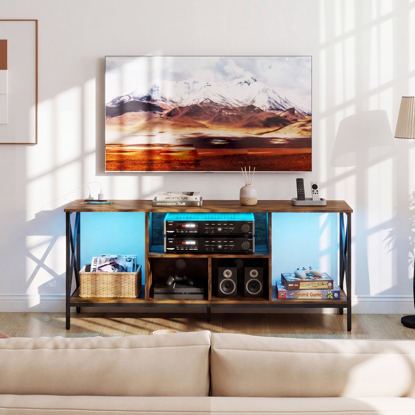 TV Stand With Led Lights For 65 Inch TV Entertainment Center, Brown Entertainment Centers & TV Stands at Gallery Canada