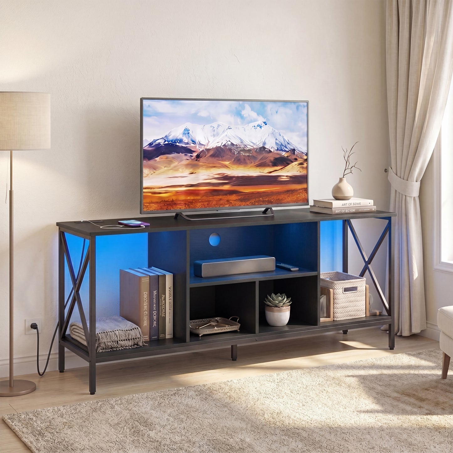 TV Stand With LED Lights, 65 Inch, Power Outlets, Black Entertainment Centers & TV Stands at Gallery Canada