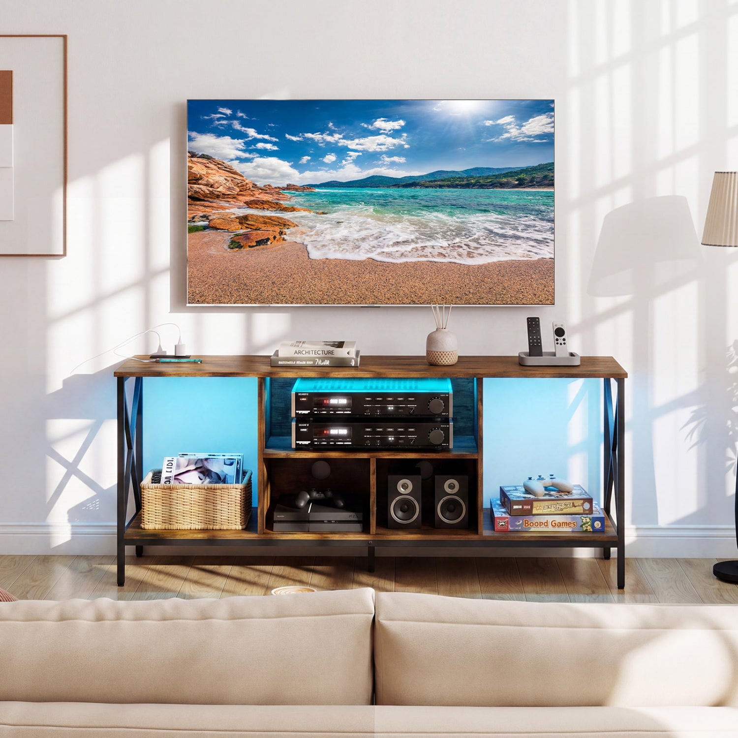 TV Stand With Led Lights For 65 Inch TV Entertainment Center, Brown Entertainment Centers & TV Stands at Gallery Canada