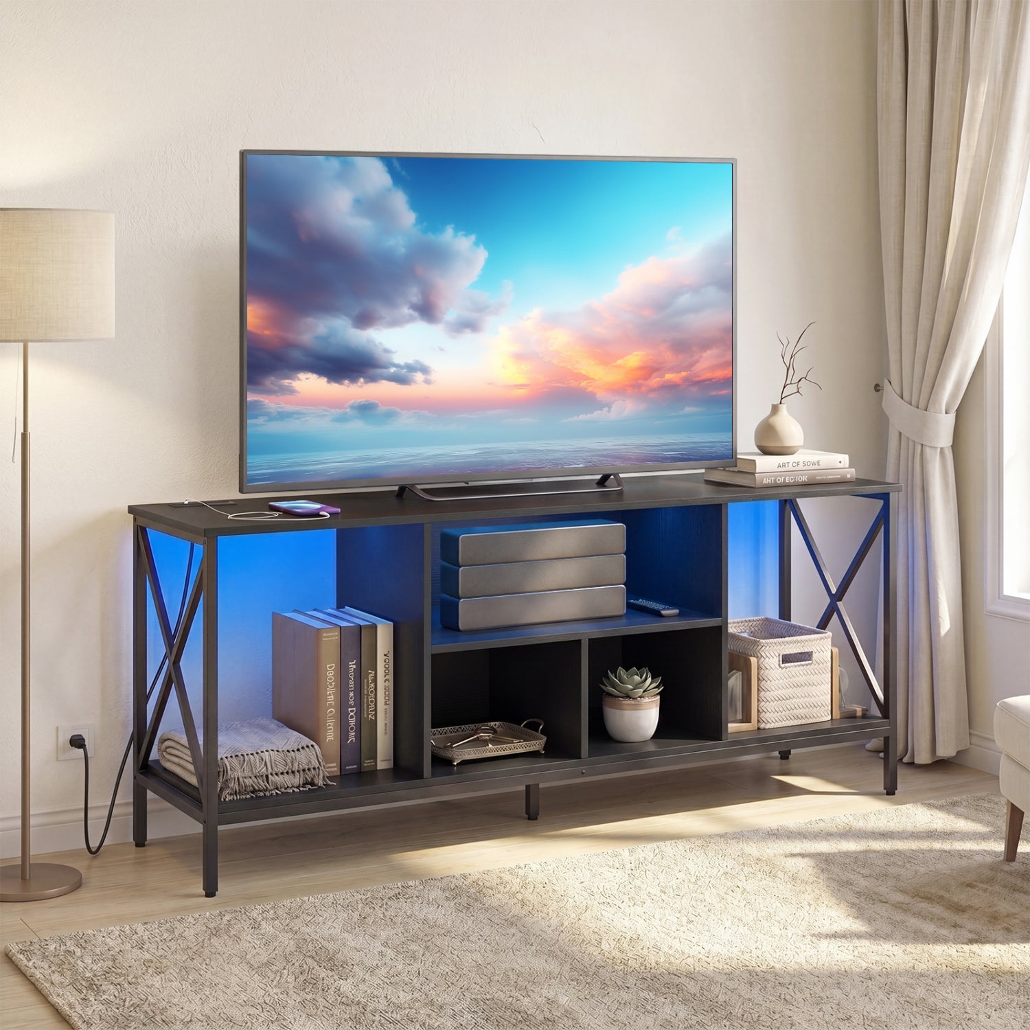 TV Stand With LED Lights, 65 Inch, Power Outlets, Black Entertainment Centers & TV Stands at Gallery Canada