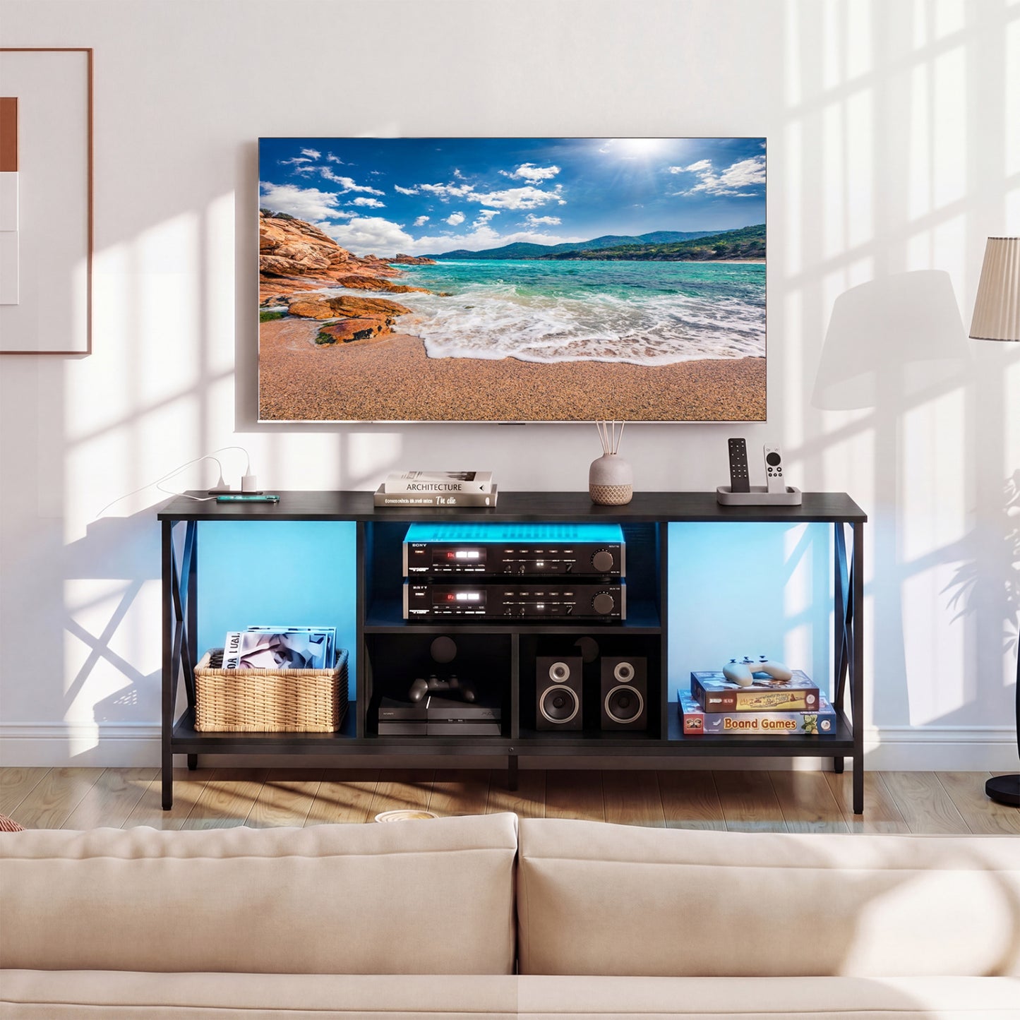 TV Stand With LED Lights, 65 Inch, Power Outlets, Black Entertainment Centers & TV Stands at Gallery Canada