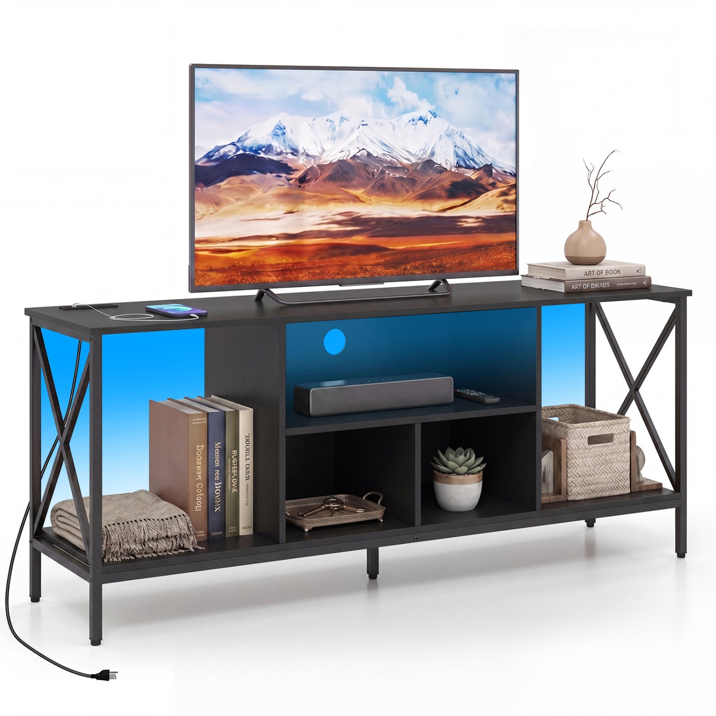 TV Stand With LED Lights, 65 Inch, Power Outlets, Black Entertainment Centers & TV Stands at Gallery Canada