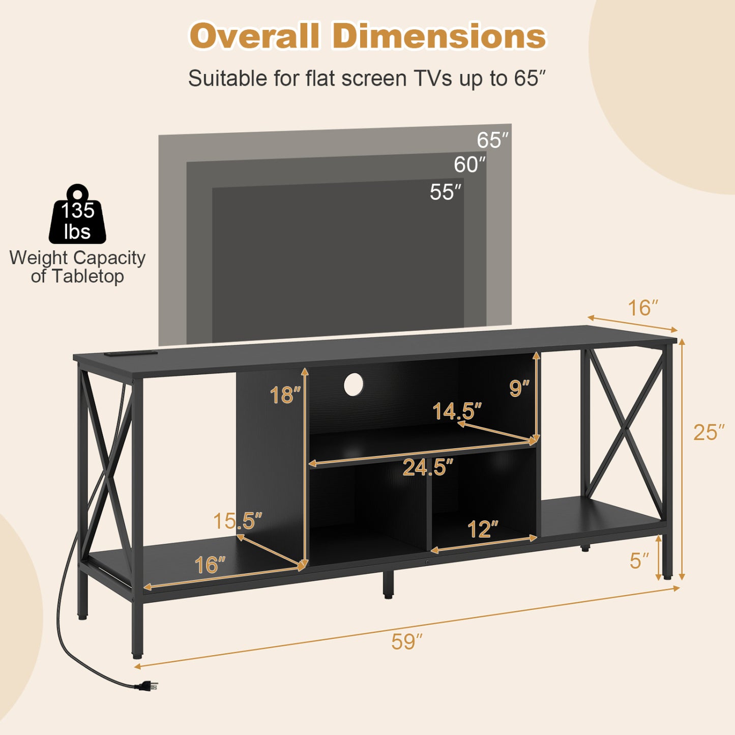 TV Stand With LED Lights, 65 Inch, Power Outlets, Black Entertainment Centers & TV Stands at Gallery Canada