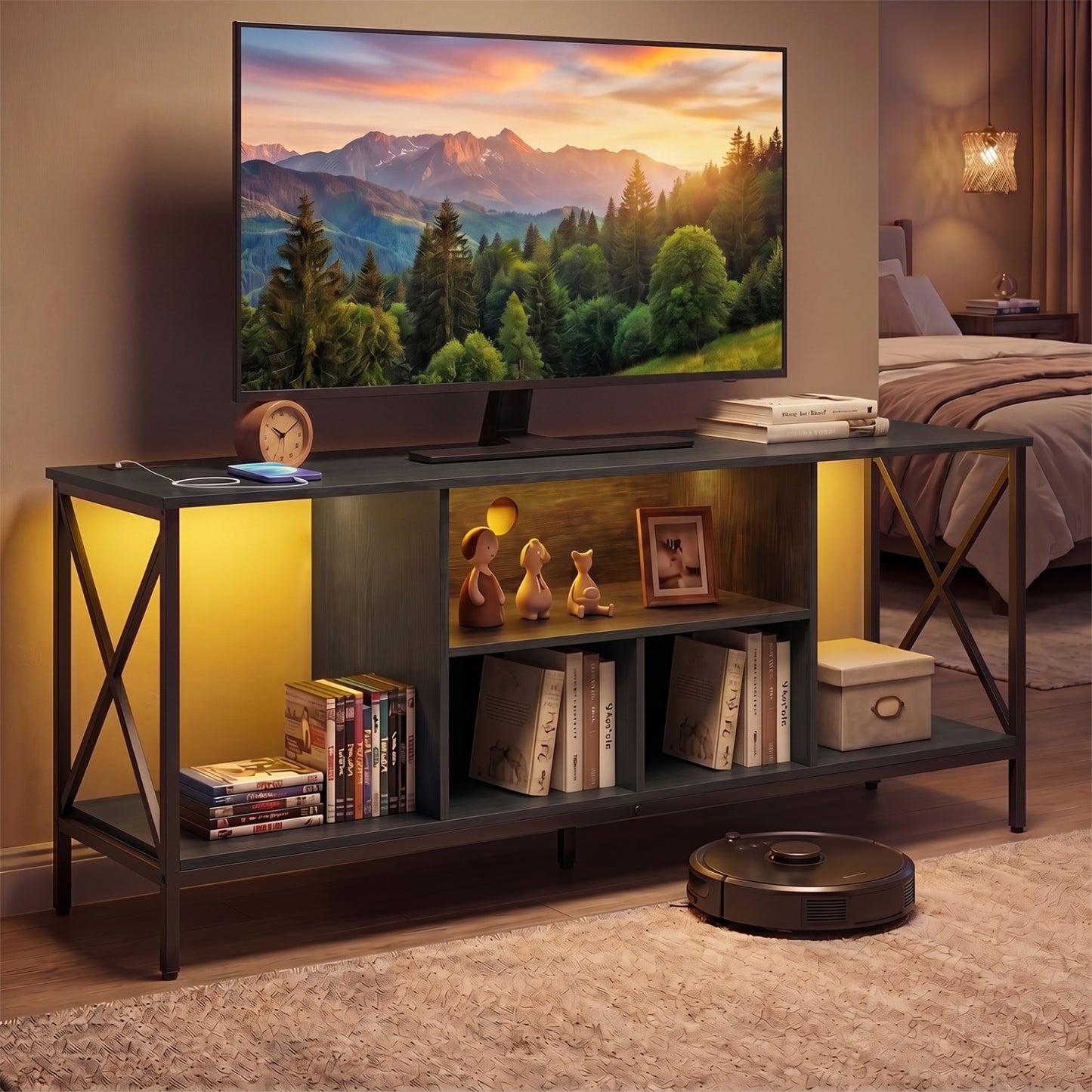 TV Stand With LED Lights, 65 Inch, Power Outlets, Black Entertainment Centers & TV Stands at Gallery Canada