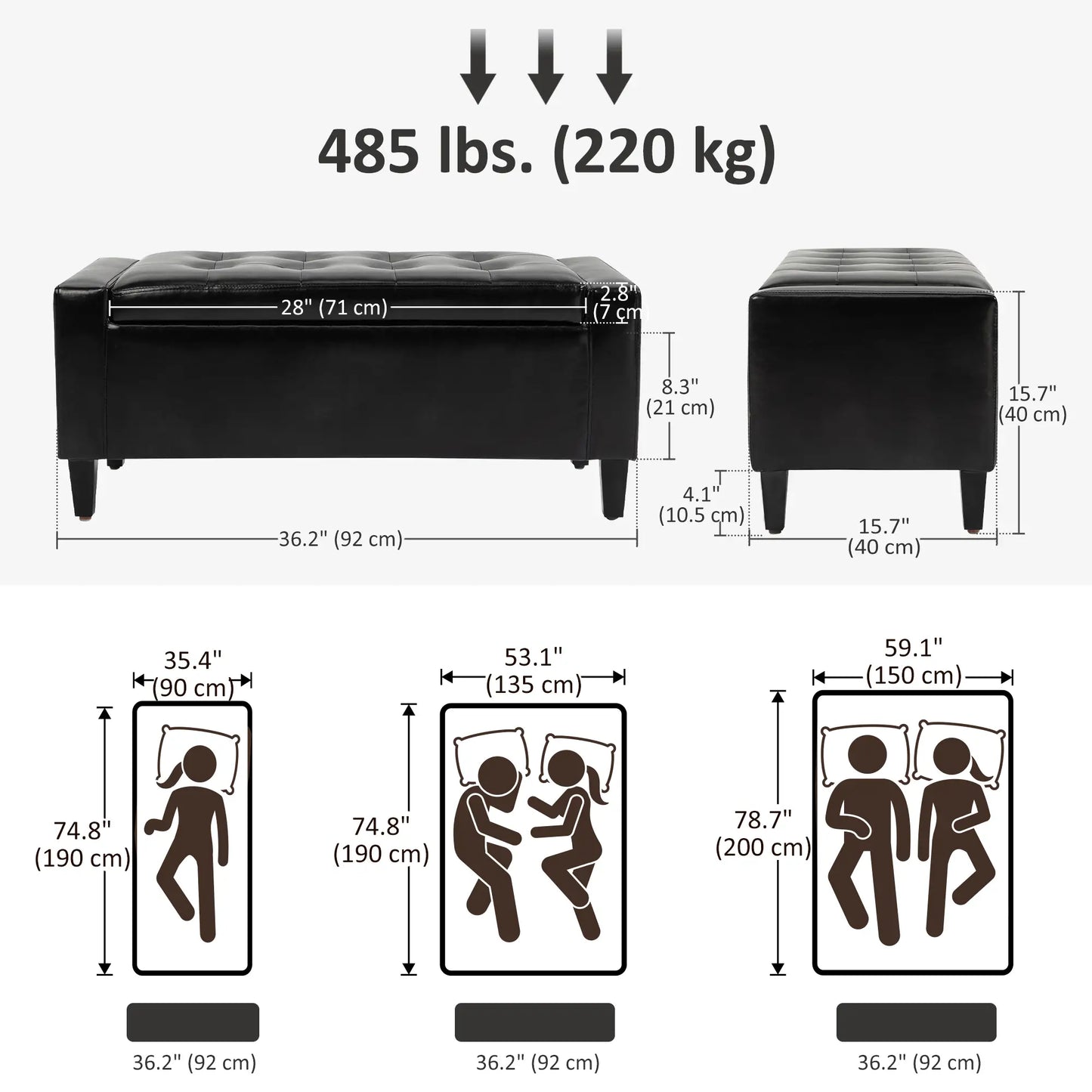 Storage Ottoman Bench, PU Leather Upholstered, Tufted Design, Black Storage Ottomans & Benches at Gallery Canada