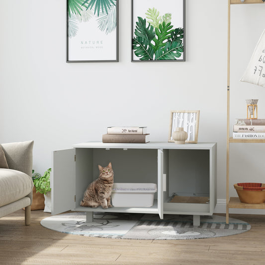 Wooden Cat Washroom Pet Litter Box Enclosure Kitten House Nightstand End Table with Scratcher Magnetic Doors Grey - Gallery Canada