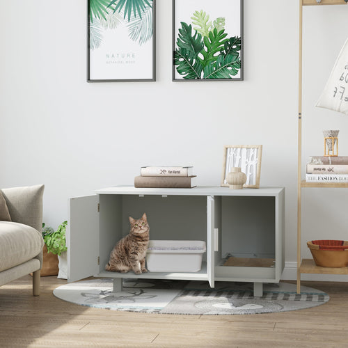 Wooden Cat Washroom Pet Litter Box Enclosure Kitten House Nightstand End Table with Scratcher Magnetic Doors Grey