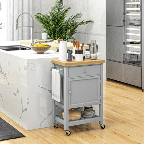 Kitchen Cart on Wheels, Wood Top, Towel Rack, Drawer, Shelf, Grey