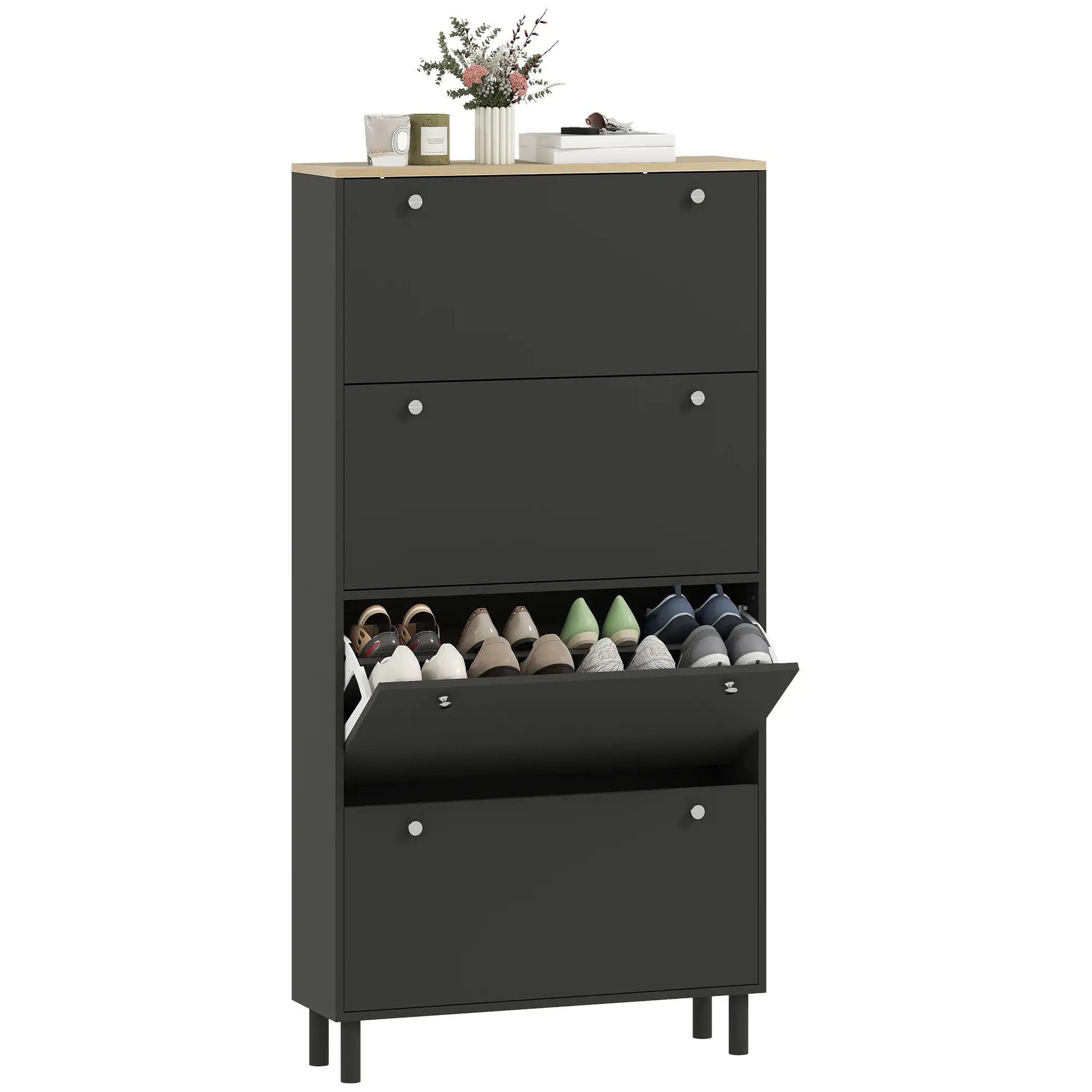 Narrow Shoe Cabinet with 4 Flip Drawers, Adjustable Shelves, Holds 24-32 Pairs, Black Shoe Storage Cabinets & Racks at Gallery Canada