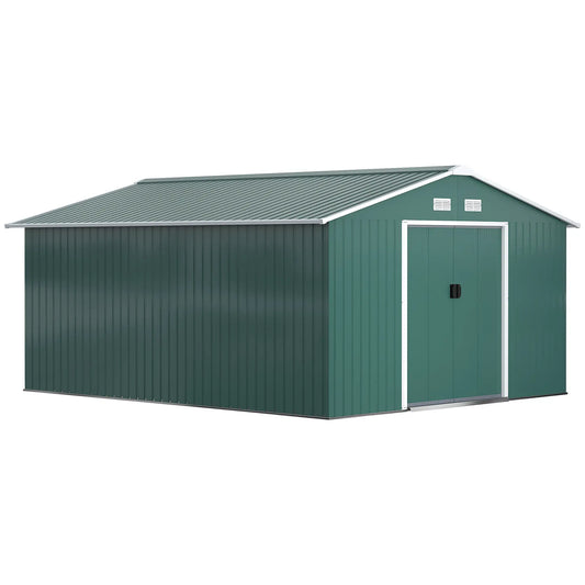 11' x 13' Garden Storage Shed, Double Sliding Door, 4 Ventilation Slots, Green Sheds Green at Gallery Canada