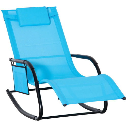 Outdoor Rocking Chair, Mesh Fabric, Removable Headrest, Side Pocket, Dark Blue