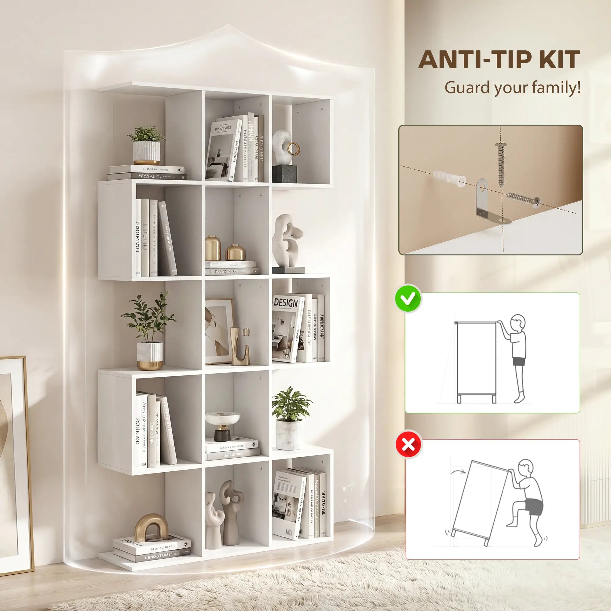 S-Shaped 5-Tier Bookshelf, 15 Compartments, White Wood Grain, White Display Bookshelves at Gallery Canada