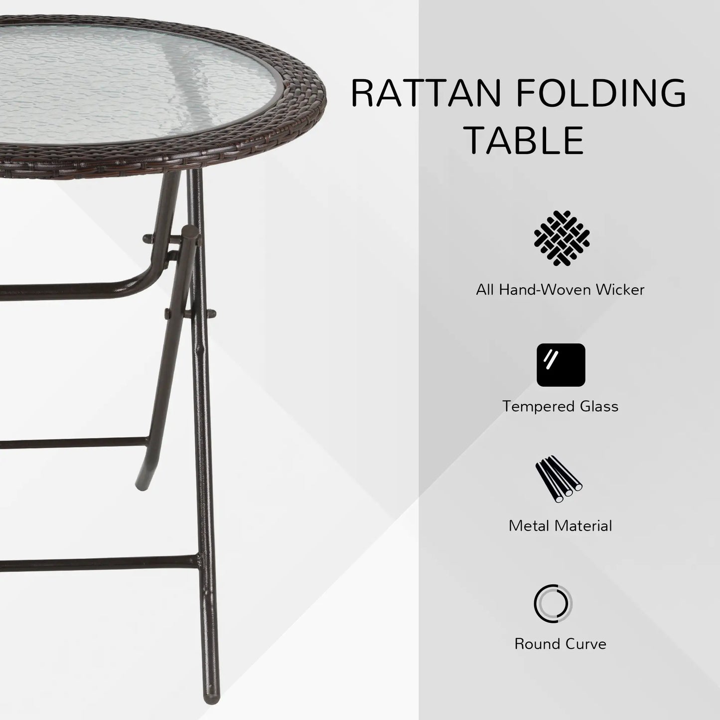 26.8" Folding Round Tempered Glass Table, Brown Rattan Edging, Brown Patio Side Tables at Gallery Canada