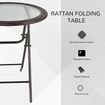 26.8" Folding Round Tempered Glass Table, Brown Rattan Edging, Brown Patio Side Tables at Gallery Canada