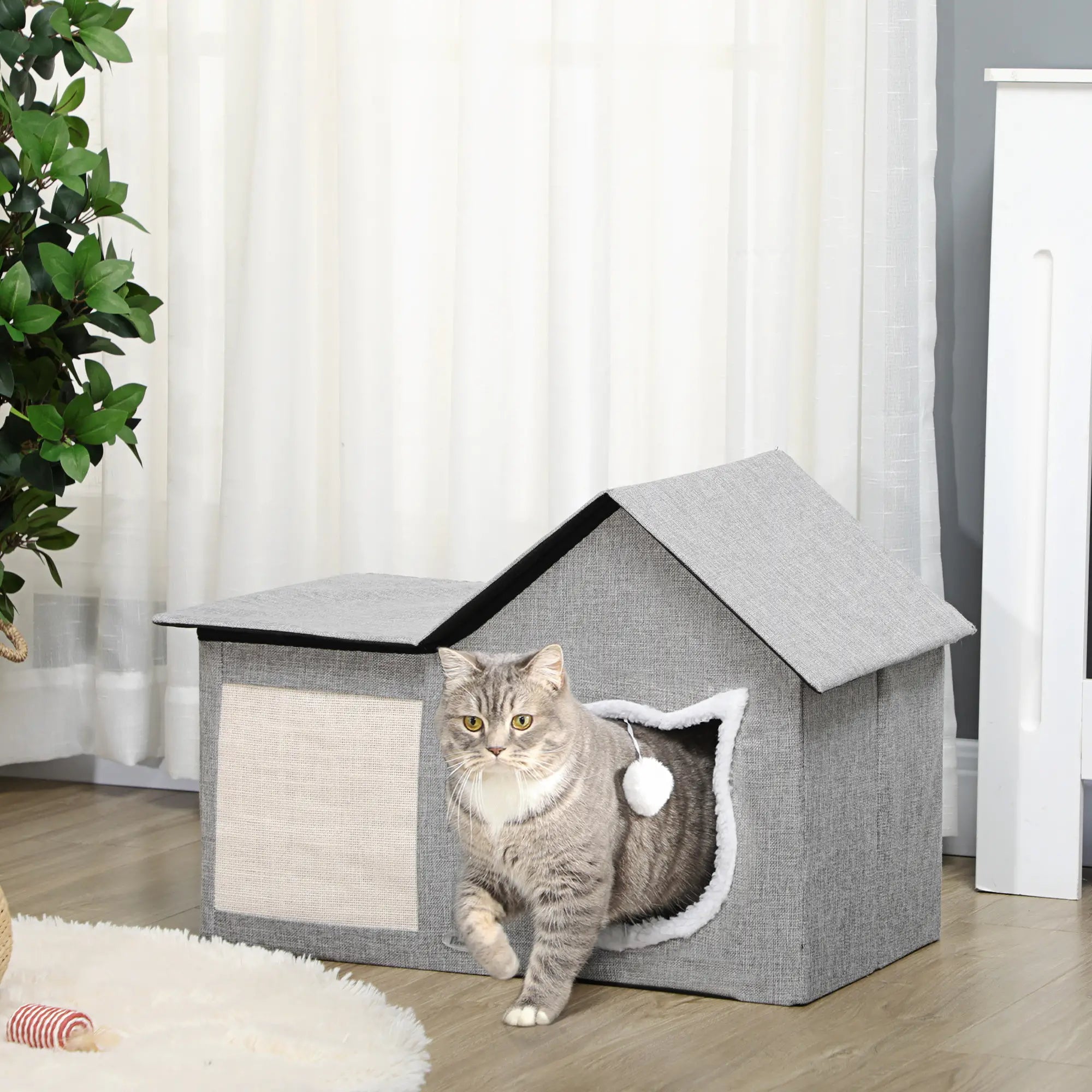 Large Cat Bed, Indoor Cat House with Soft Cushion, Scratching Pad, Grey Cat Houses at Gallery Canada