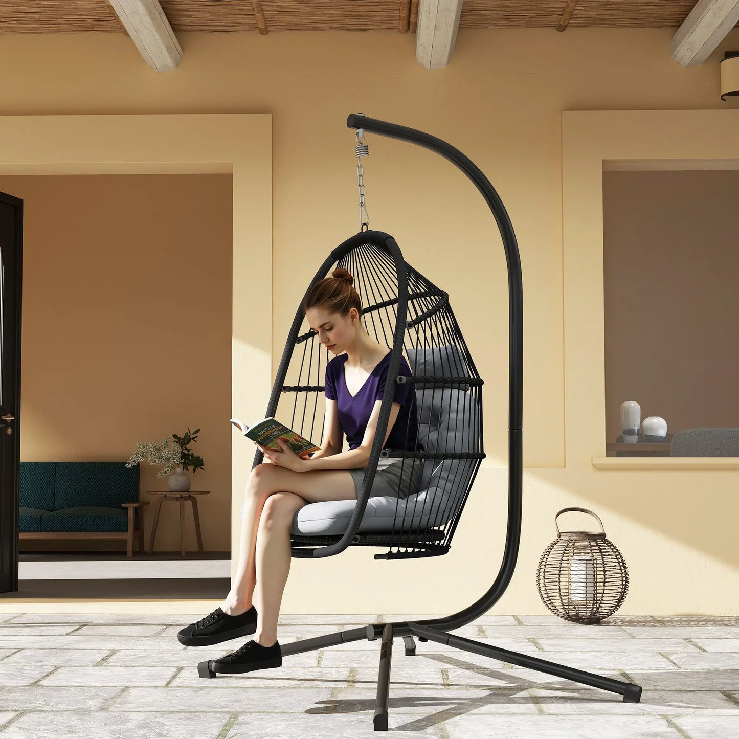 Wicker Egg Swing Chair, Foldable with Stand, UV Resistant Cushion, Headrest, Dark Grey Patio Swings with Stand at Gallery Canada