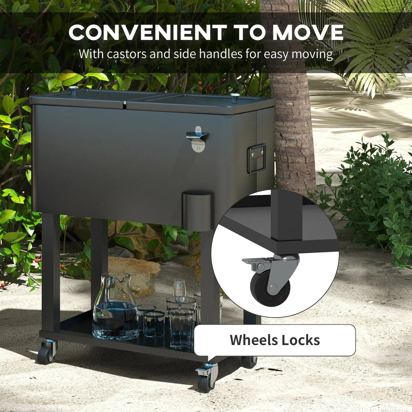 60 Quart Rolling Outdoor Cooler, Portable Cart with Wheels, Storage Shelf, Black Cooler Boxes at Gallery Canada