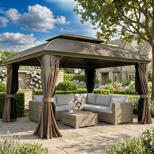 10' x 12' Hardtop Gazebo, Double Roof, Netting, Curtains, Garden, Backyard Gazebos Bronze, Coffee, Black at Gallery Canada
